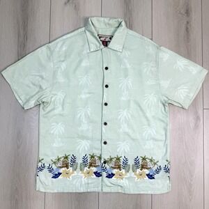 VTG Y2K Caribbean Joe Shirt M Green Palm Tree Floral Border Camp Island Rayon A‎